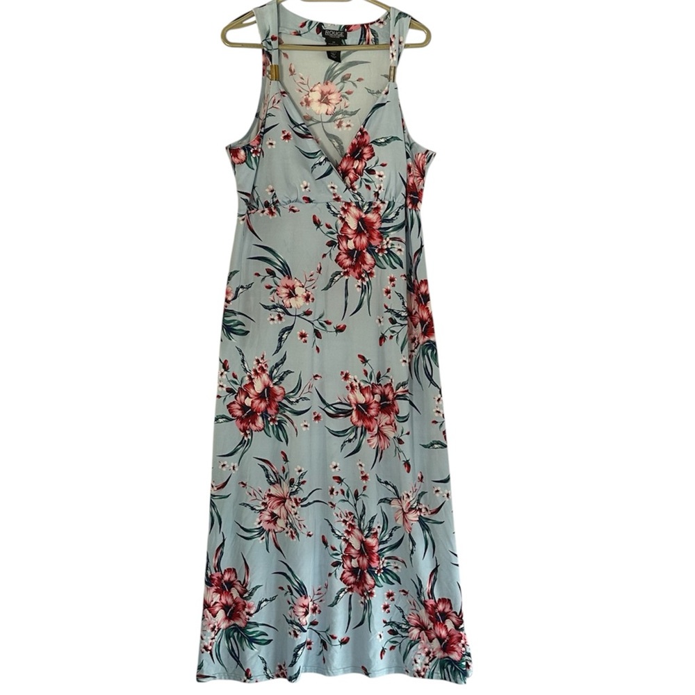 Rouge Collection Tropical Floral Maxi Dress Plus Size 2X Blue Hibiscus Stretch